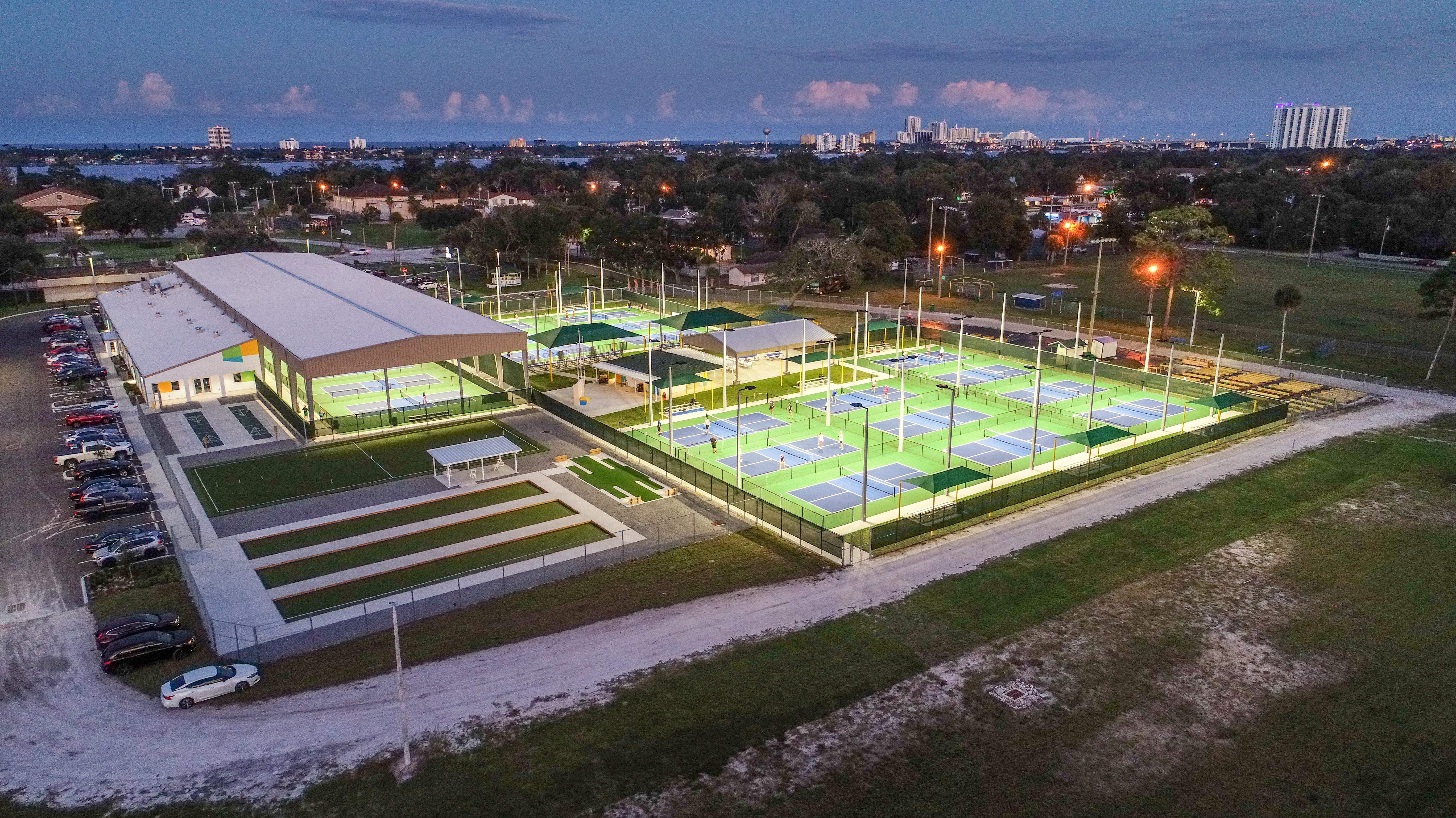 Aerial view of Pictona illuminated at twilight